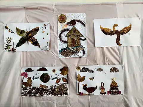 Finished artworks made from dry leaves at the Dry Leaves Composition Competition