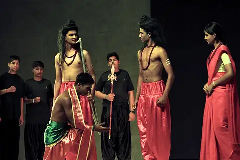 Students in costume in a scene from the Ram Navami skit