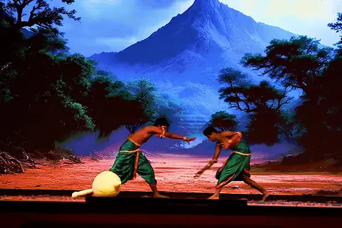 Two students in green dhotis grappling before a painted blue mountain