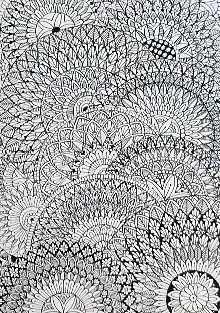 A page filled edge to edge with fine, overlapping flower patterns in black and white
The Crossroads, Issue 01 · August 2022