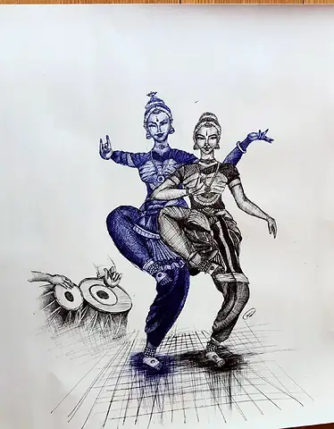 Two dancers in a Bharatanatyam pose, one in blue, beside a drum
The Crossroads, Issue 04 · November–December 2022