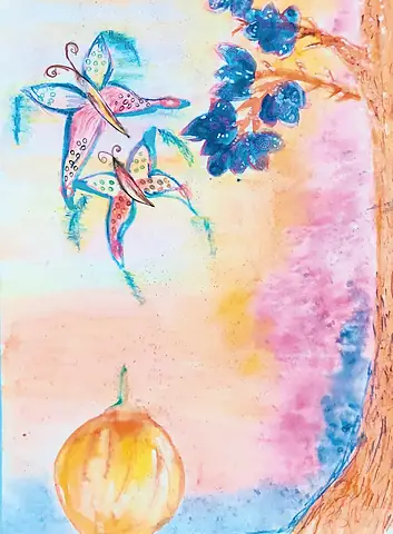Butterflies over pink and blue washes, with an orange fruit below
The Crossroads, Issue 05 · January–February 2023