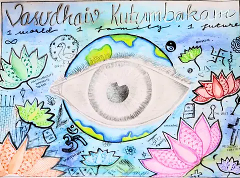 A large eye over the globe among lotuses and symbols, titled "Vasudhaiva Kutumbakam"