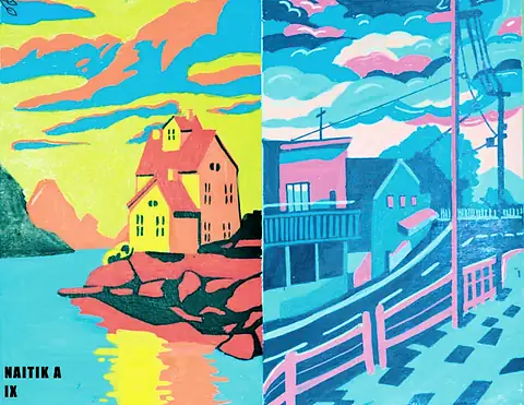 Two views of a harbour town in flat bright colours, side by side
The Crossroads, Issue 08 · May 2023