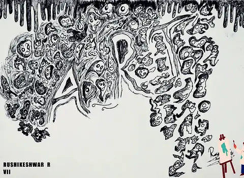 The word "ART" formed from a mass of tiny faces and shapes in black ink
The Crossroads, Issue 08 · May 2023