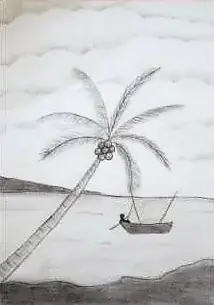 A coconut palm leaning over water, with a boat in the distance, in grey
The Crossroads, Issue 10 · August 2023