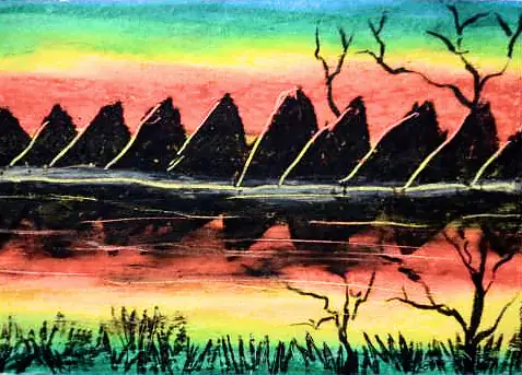 Dark peaks and bare trees reflected in water under an orange and pink sky
The Crossroads, Issue 10 · August 2023