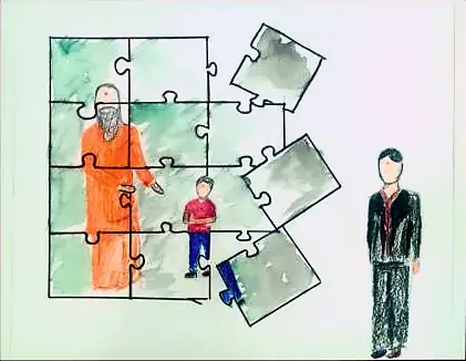 A jigsaw of a saffron-robed teacher and a boy, pieces coming loose towards a man in a suit
The Crossroads, Issue 10 · August 2023
