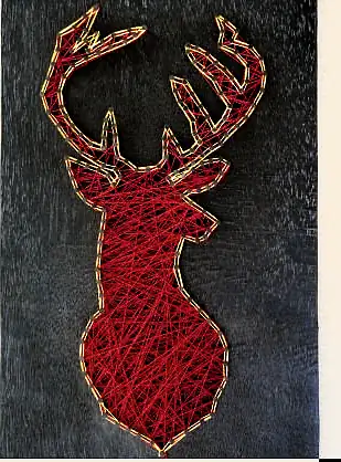 A stag's head in red thread strung between pins on a dark board
The Crossroads, Issue 11 · September 2023