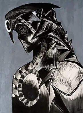 A figure in a mask and cloak, in angular greys and blacks
The Crossroads, Issue 11 · September 2023