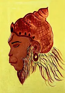 Hanuman in profile, his hair in flowing orange strokes, on yellow
The Crossroads, Issue 11 · September 2023