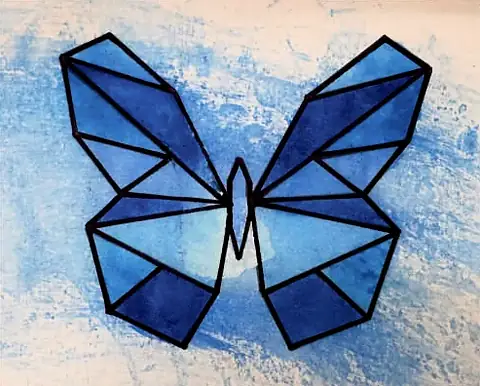 A butterfly of blue geometric facets on a blue and cream ground
The Crossroads, Issue 12 · Anand Utsav issue