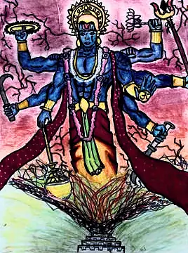 A many-armed blue deity above flames
The Crossroads, Issue 12 · Anand Utsav issue