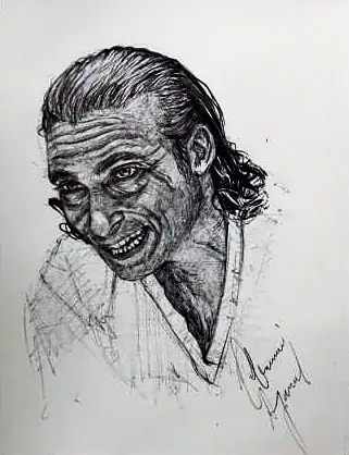 An old man with swept-back hair, laughing, in fine grey lines
The Crossroads, Issue 12 · Anand Utsav issue