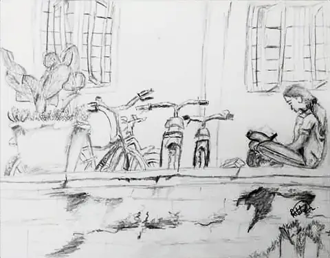 A light sketch of bicycles beneath windows, with a girl sitting beside them
The Crossroads, Issue 12 · Anand Utsav issue