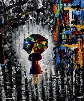 A figure with a rainbow umbrella in a rain of thick, broken colour
The Crossroads, Issue 12 · Anand Utsav issue
