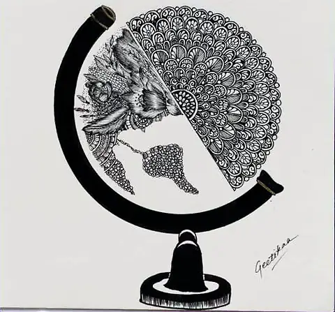 A globe on its stand, half filled with fine pattern and feathers
The Crossroads, Issue 15 · March 2024