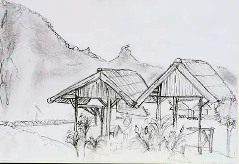 Thatched shelters beneath a mountain ridge, in light grey line
The Crossroads, Issue 18 · August 2024