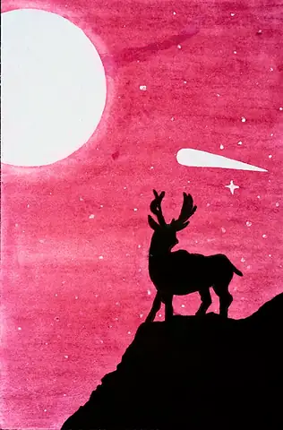 A stag silhouetted on a cliff against a pink sky and white moon
The Crossroads, Issue 21 · January 2025