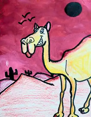 A grinning camel on pink dunes beneath a black sun
The Crossroads, Issue 21 · January 2025