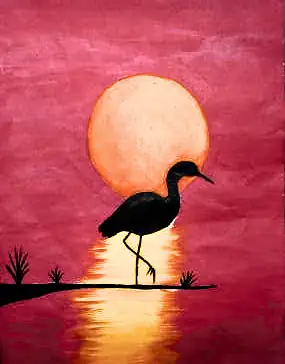 A heron silhouetted against an orange sun on a red sky
The Crossroads, Issue 22 · February 2025