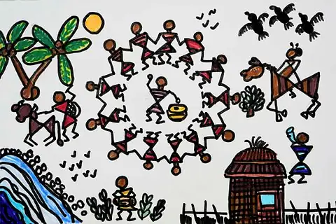 Warli-style figures dancing in a ring among trees, birds and a hut
The Crossroads, Issue 22 · February 2025
