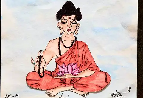 A seated figure in an orange robe holding a lotus, eyes closed
The Crossroads, Issue 25 · July 2025