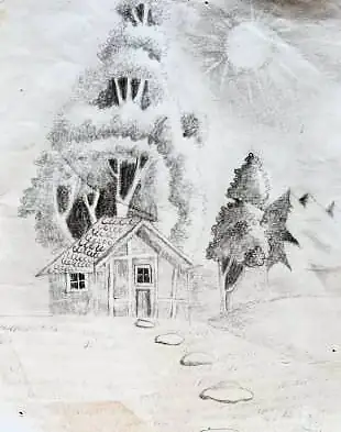 A cottage in a snowy wood, in grey
The Crossroads, Issue 25 · July 2025