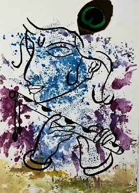 Krishna with his flute in black line over splashes of blue and purple
The Crossroads, Issue 25 · July 2025