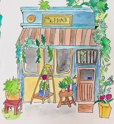 A shopfront with an awning, crowded with potted plants
The Crossroads, Issue 27 · November–December 2025