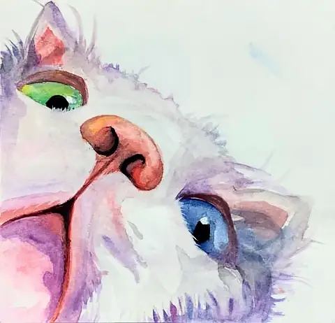A white cat's face close up, one eye green and one blue, in watercolour
The Crossroads, Issue 29 · Khel Mela 2026