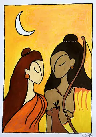 Rama and Sita in profile beneath a crescent moon, in orange and brown
The Crossroads, Issue 31 · May 2026