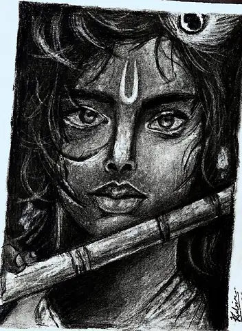 Krishna's face with a flute, in charcoal
The Crossroads, Issue 32 · August 2026