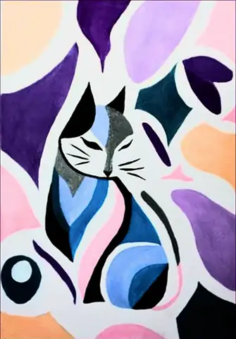A cat in blue, pink and black shapes against purple, peach and white blots, painted
The Crossroads, Issue 33 · October 2026