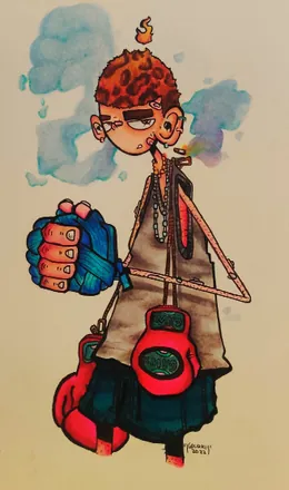 A cartoon figure with a flame of hair, boxing gloves slung over one shoulder