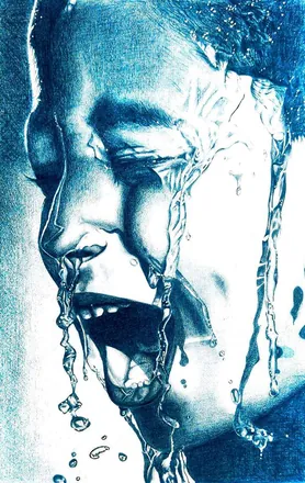 A face in deep blue, eyes shut and mouth open, with water streaming over it