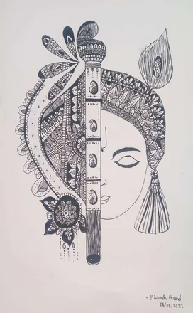 Half a face beside a flute and peacock feather, worked in dense black patterns