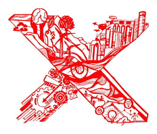 A large red X filled with tiny drawings of buildings, gears and faces