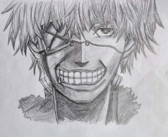 A grinning face with a patched eye and spiky hair, shaded in grey