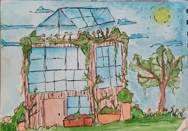 A glass house overgrown with vines, a tree and a yellow sun beside it