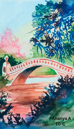 An arched bridge over a pink stream, framed by blue and green foliage