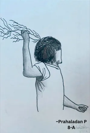 A boy seen from behind, reaching up to pull a branch