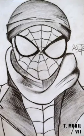 Spider-Man's mask under a hooded jacket, in black and white