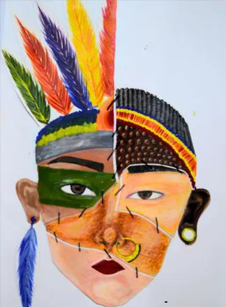 A face painted half in one tradition and half in another, with a feathered headdress
