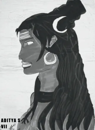 Lord Shiva in profile, with a crescent moon and matted hair, in greys