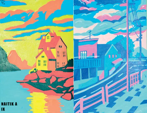 Two views of a harbour town in flat bright colours, side by side