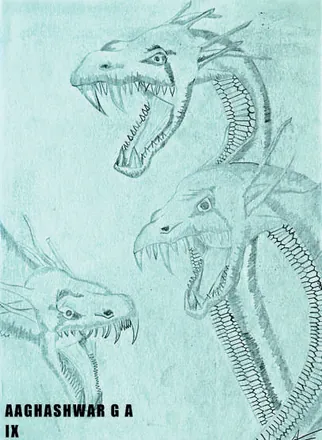 Three dragons' heads, drawn on pale blue-green paper
