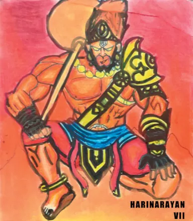Hanuman kneeling with his mace, in orange and gold