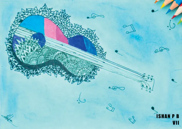 A guitar made of patterns and colour blocks, with musical notes around it
