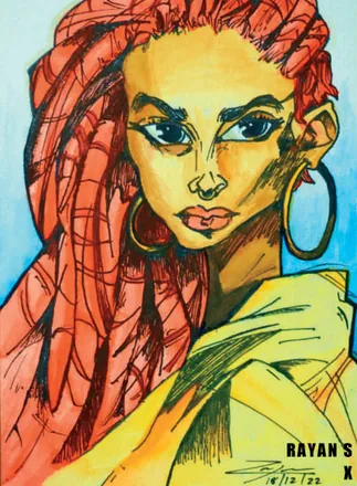 A woman with long red braids and gold earrings, in strong colour